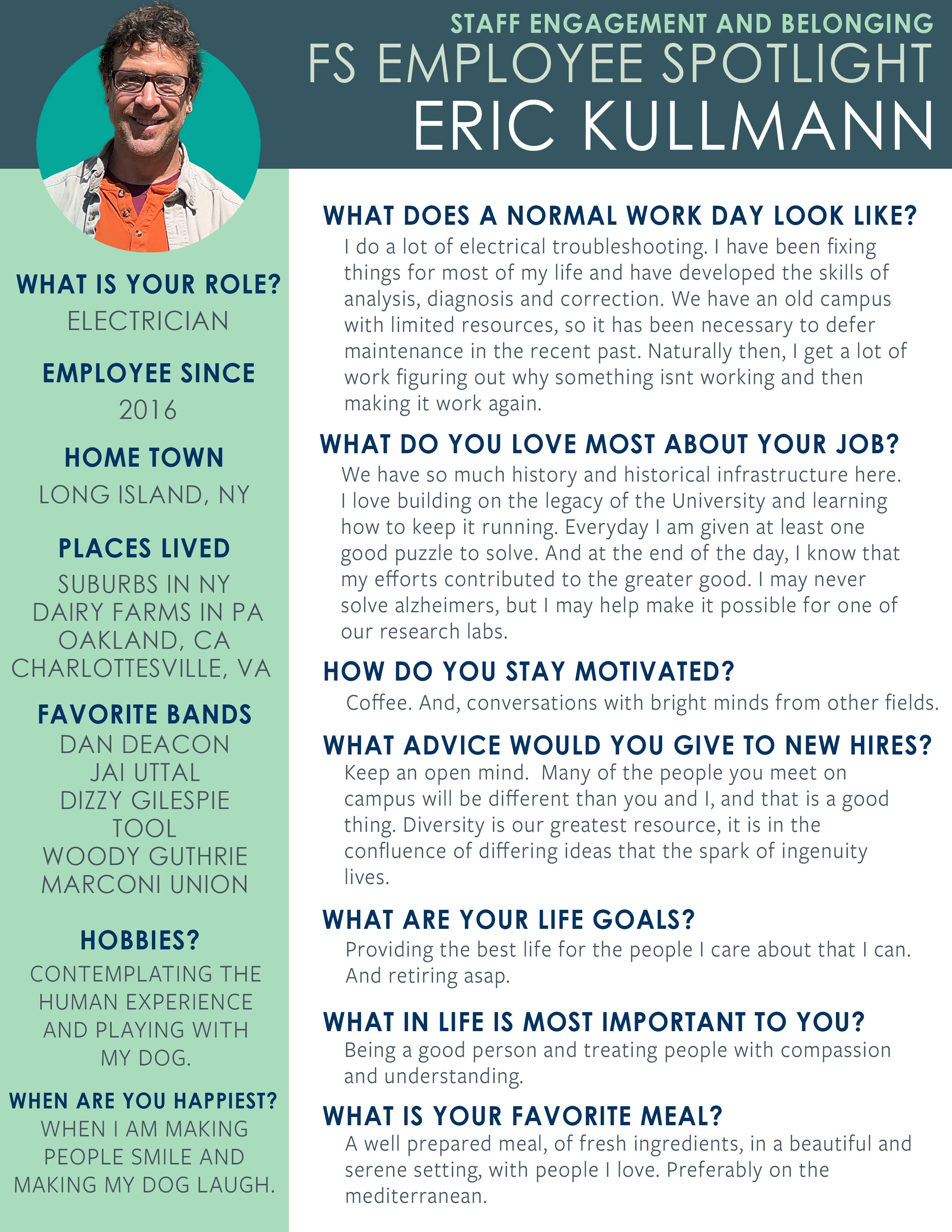 Info sheet about Eric Kullmann for employee spotlight